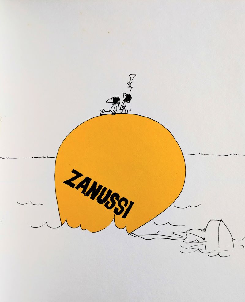 Picture of cartoon showing yellow balloon semi submerged in water with two hapless pilots sitting on top waving handkerchief
